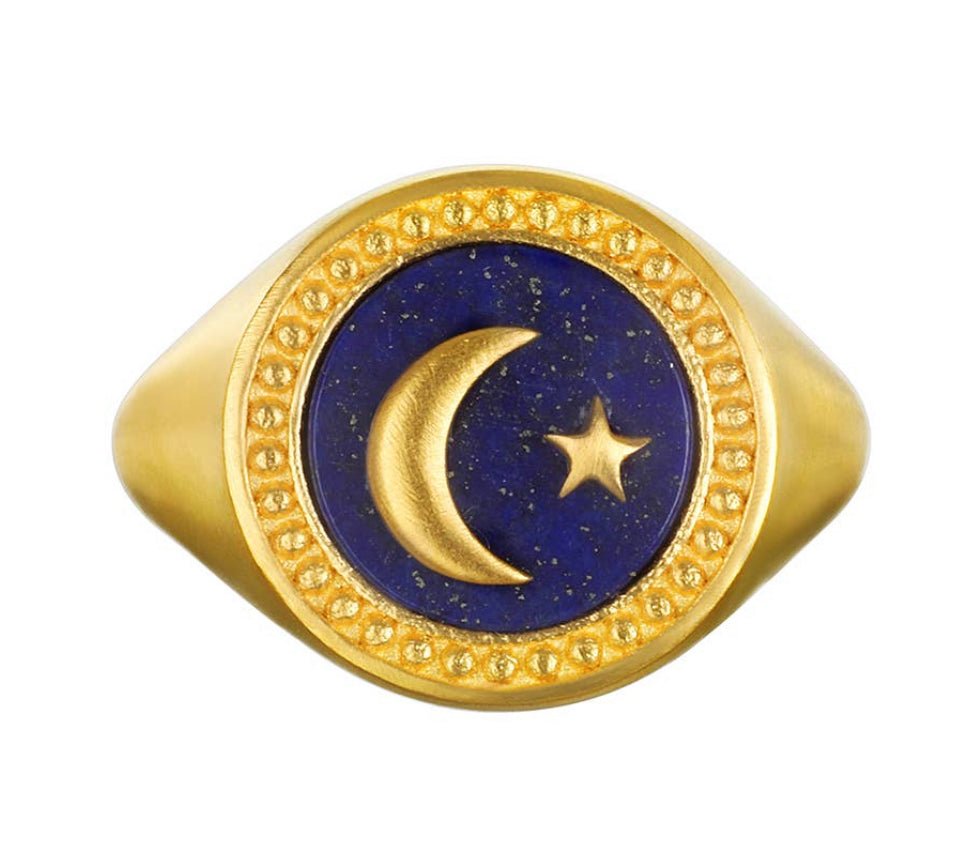 Lapis Moon and Stars Signet ring - Abigail Fox Designs