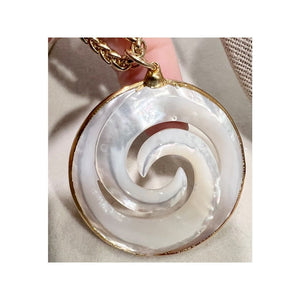 Mother of Pearl Circle Wave Necklace on heavy woven rope chain, Statement Necklace