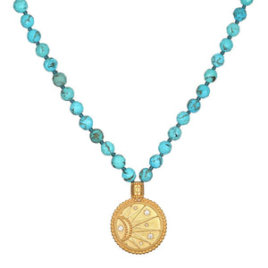 Natural Turquoise Necklace with a Sunburst Medallion and White Topaz Stones