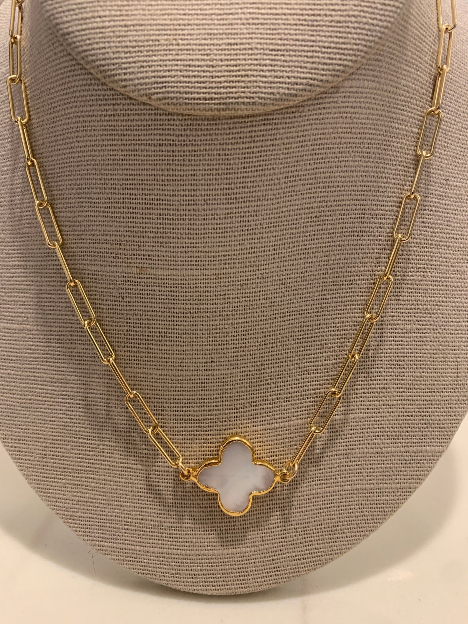 Paperclip Chain Mother of Pearl Clover Necklace, 16 Inches