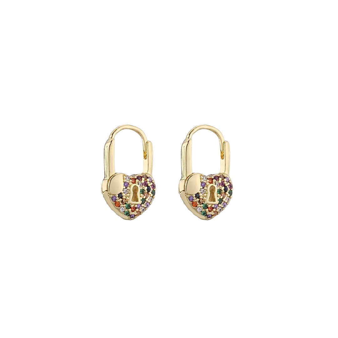 Rainbow Heart Lock Huggies Earrings, 18k gold & Sterling Silver, Abigail Fox - Abigail Fox Designs