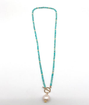 Semi Precious Apetite Beaded Necklace with a hanging baroque pearl, 17”, handmade