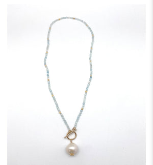 Semi Precious Aqua Marine Beaded Necklace with a hanging baroque pearl, 17”, handmade