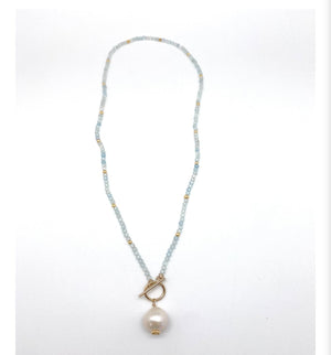 Semi Precious Aqua Marine Beaded Necklace with a hanging baroque pearl, 17”, handmade