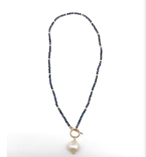 Semi Precious Blue Sapphire Beaded Necklace with a hanging baroque pearl, 17”, handmade