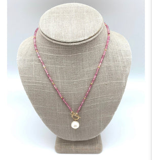 Semi Precious Pink Tourmaline Beaded Necklace with a hanging baroque pearl, 17”, handmade