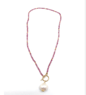 Semi Precious Pink Tourmaline Beaded Necklace with a hanging baroque pearl, 17”, handmade