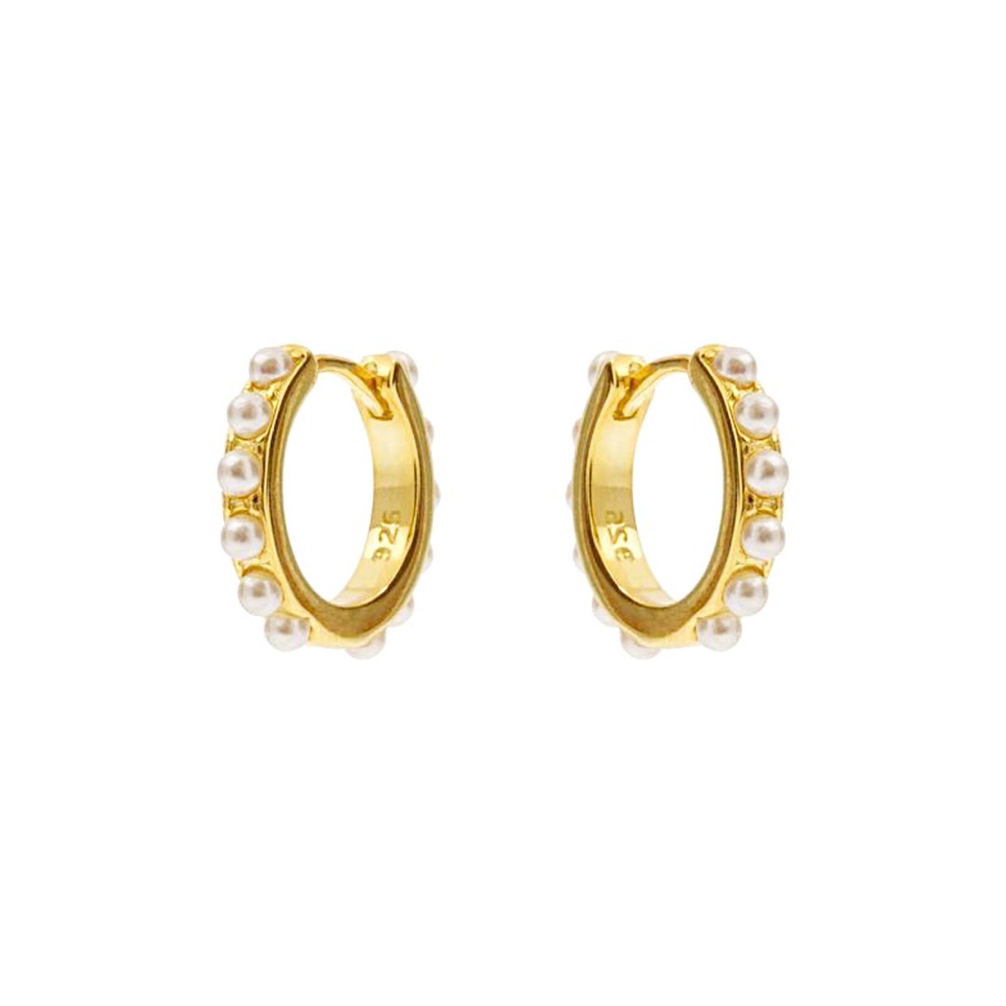 Small Gold Huggie Hoop Earrings with Tiny Natural Pearls, 18K Gold, Abigail Fox