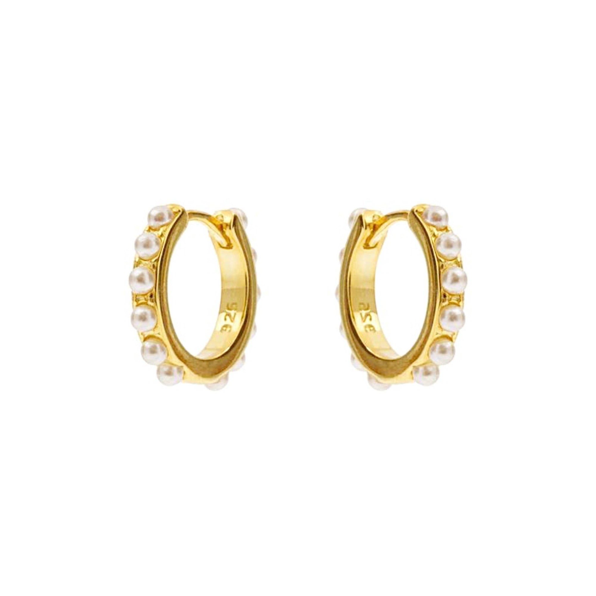 Small Gold Huggie Hoop Earrings with Tiny Natural Pearls, 18K Gold, Abigail Fox