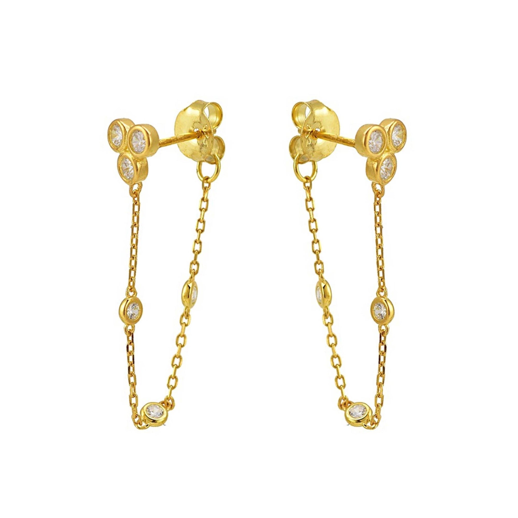 Three CZ Diamond Bezel Chain Stud Earrings, 18k GV, Abigail Fox - Abigail Fox Designs