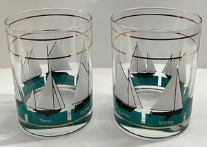 Vintage Mid-Century, Gold Sailboat Theme, 12 oz Low Ball Glass, Set of 2 - Abigail Fox Designs