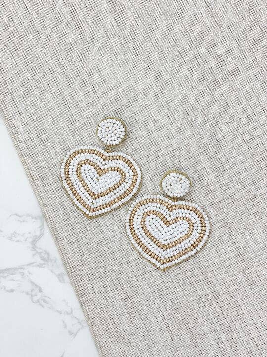 White Seed Bead Beaded Heart Dangle Earrings *VALENTINE'S DAY COLLECTION* - Abigail Fox Designs