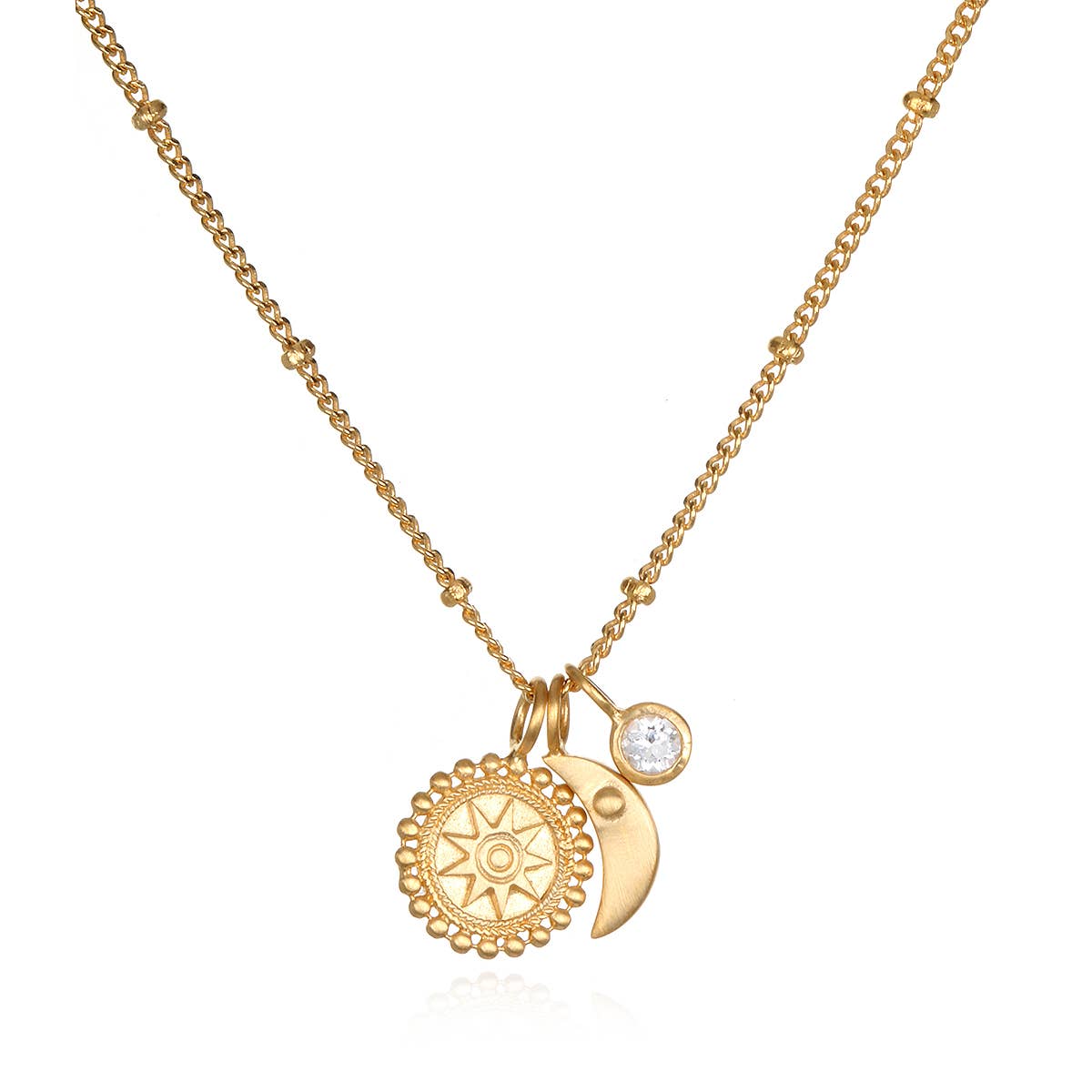 White Topaz Gold Mandala Moon Charm Necklace (18-inch) - Abigail Fox Designs