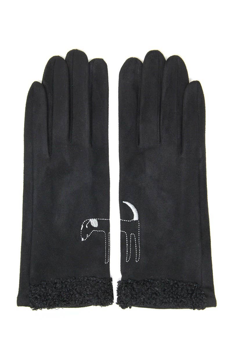 Women's Winter Embroidery Dog Solid Gloves: One Size, Black - Abigail Fox Designs